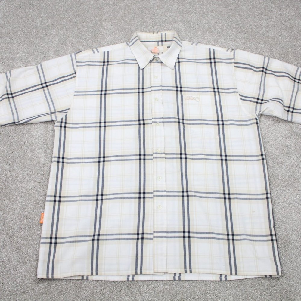 Vintage Southpole‎ Shirt Mens XL White/Gray/Tan Plaid S/S Polyester/Rayon Button